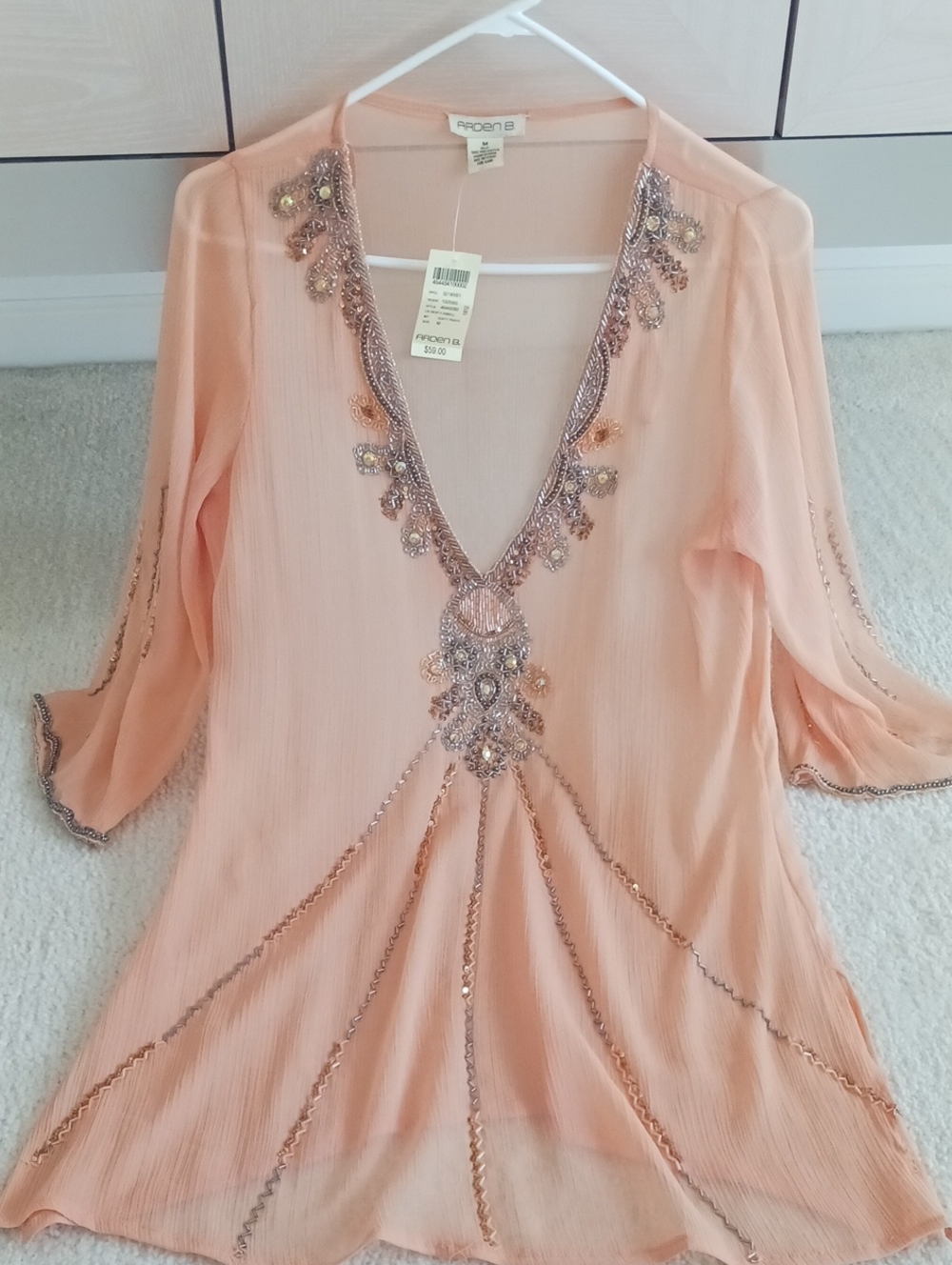 Arden B Peach Beaded V-Neck Tunic